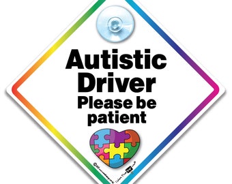 Autistic Driver Please Be Patient Car Sign: Suction Cup Autism Awareness