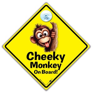 Cheeky Monkey ベビー乗車中車用サイン、14 x 14 cm、車内のお子様用イエロー吸盤サイン、視認性の高い吸盤車用サイン