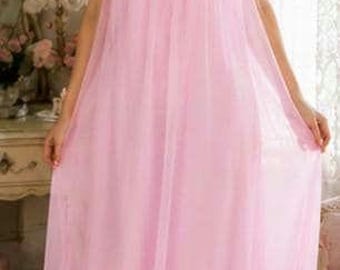 Vintage 1970s Sheer Pink Chiffon Nightgown | La Laurie Creations Montreal | Ruffle Peignoir Dress | Balletcore Coquette Lingerie