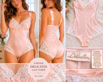 Vintage Rosa Spets Teddy Romper Satin Lingerie Bodysuit Coquette Stor