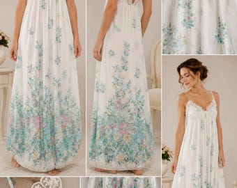 Vintage Val Mode Blumen Peignoir Set | 2-teiliges Nylon Nachthemd & Morgenmantel | Pastelcore Cottage Wäsche | 80er 90er Jahre Romantische Nachtwäsche zierlich