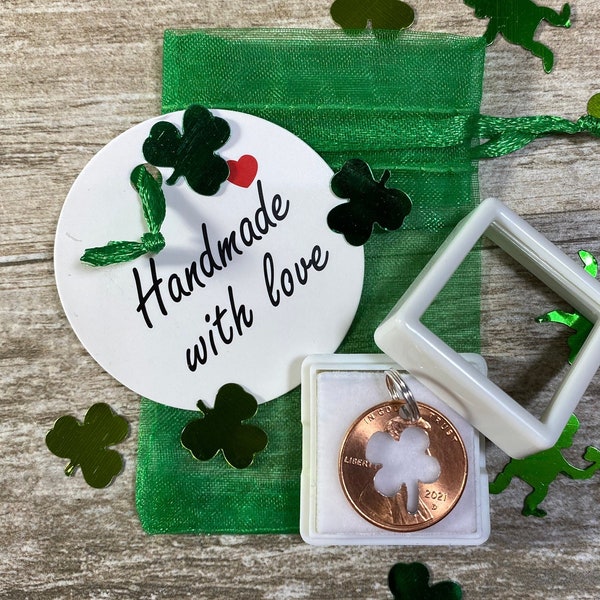CHARITY lucky penny cut out CLOVER penny cutout charm keyring charm pocket charm unique penny SHAMROCK keepsake gift Handmade With Love