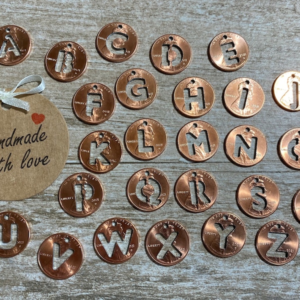 LETTERS INITIALS Penny Cutout Charms, Personalized Penny Gift, Handmade With Love For Charity