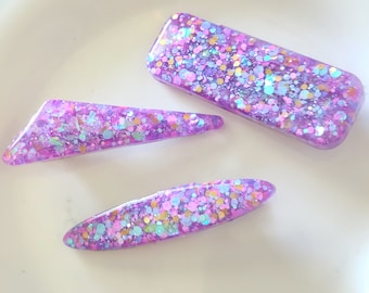 Sparkly resin hair clips, barrettes, sets of 3, purple