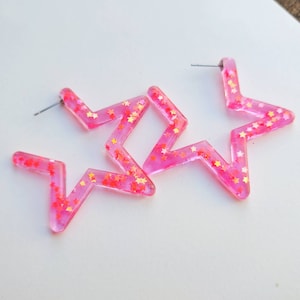 Resin Hoop Earrings//star hoop earrings//neon pink earrings// gifts// birthday gift for tween//pink Resin earrings//star hoops//neon earring