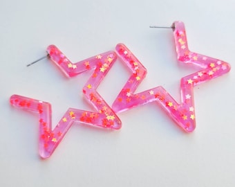 Neon Pink Star Hoop Earrings: Glitter Resin Earrings