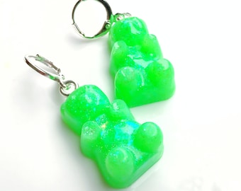 Neon gummy bear inspired earrings,dangly glow in the dark charm earrings