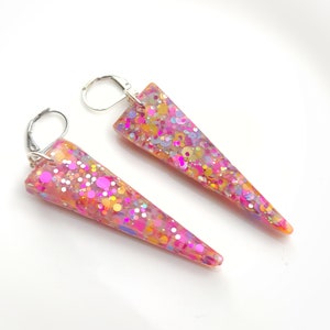 Triangular pink and orange earrings,resin, glitter,summer, earrings