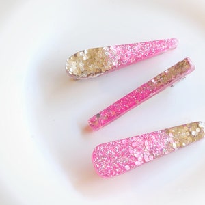 Pink Resin hair clips, pink and silver barrettes, set