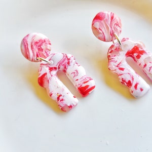 Peppermint candy earrings, polymer clay,red dangle earrings