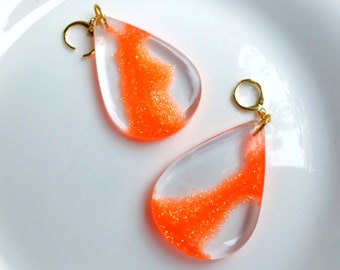 Neon Orange earrings, big dangle teardrop earrings