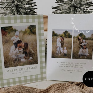 Cartão de Natal Sage Green Gingham, cartão de férias com foto de família editável, modelo Canva para download instantâneo, cartão de presente personalizado, Feliz Natal