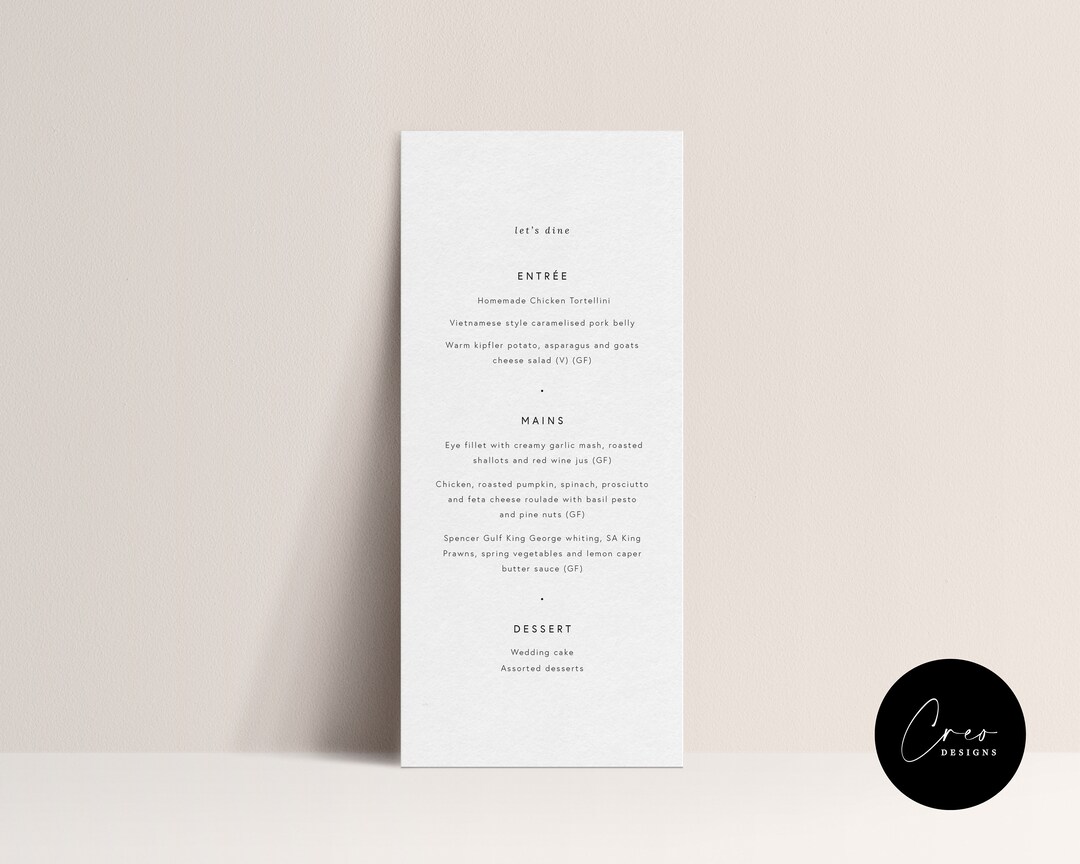 Modern Wedding Menu, Printable Menu, Wedding, Minimalist Simplistic ...