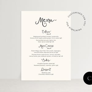 Hochzeitsmenü, druckbares PDF, trendiges Menü, handgeschriebene Schrift, kursive Schrift, Kalligraphie Hochzeitspapeterie, Design anpassen, Menü anpassen