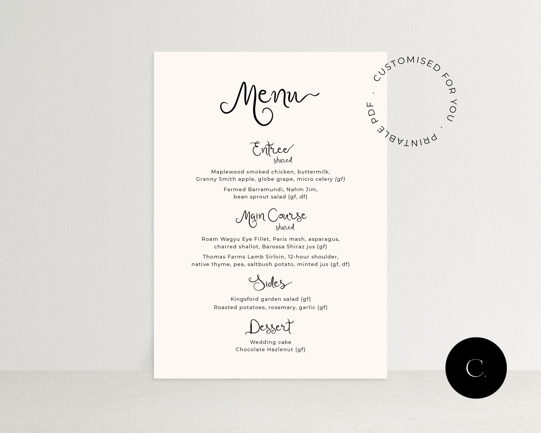 Wedding Menu, Printable PDF, Trendy Menu, Handwritten Font, Cursive ...