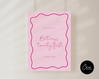 Pink 21st birthday Welcome Sign, Printable Twenty First Welcome Sign, 21st Birthday, Printable Welcome Sign, Bold, Bright, 21st Sign