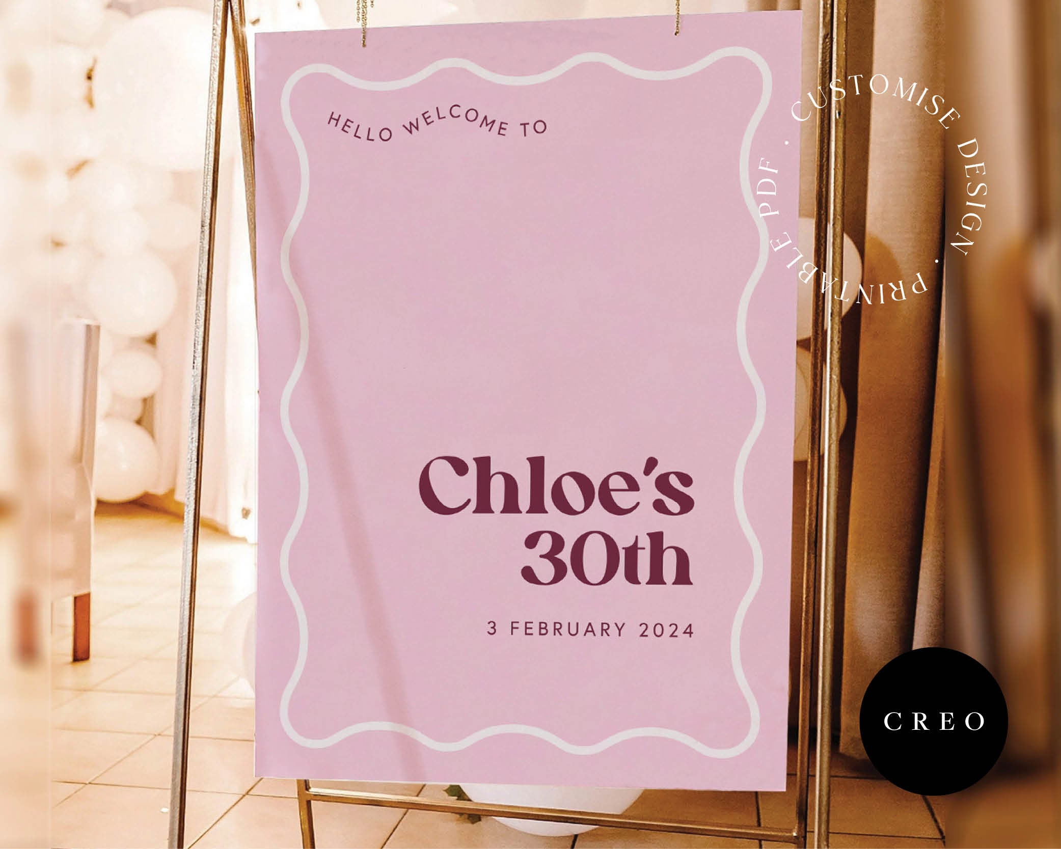 Wavy Welcome Sign, Printable PDF, Pink Party Decor, 30th Birthday Party ...