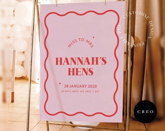 Wavy Welcome Sign, Edit Printable PDF, Bachelorette Decor, Bridal Shower, Custom Entrance Sign, Pink and Red Theme Party, Hens Party Decor