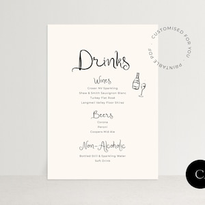 Letrero para bar de bodas, PDF imprimible, menú de bebidas moderno, fuente manuscrita, fuente cursiva, caligrafía, diseño personalizado, personalización, señalización de bar