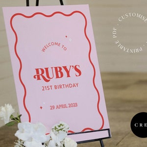 Signo de bienvenida ondulado, editar PDF imprimible, decoración de fiesta temática rosa y roja, vigésimo primer cumpleaños, letrero de entrada personalizado, fiesta de cumpleaños número 21