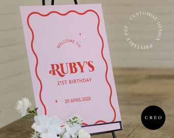 Wavy Welcome Sign, Edit Printable PDF, Pink and Red Theme Party Decor, Twenty First Birthday, Custom Entrance Sign, 21st Birthday Party