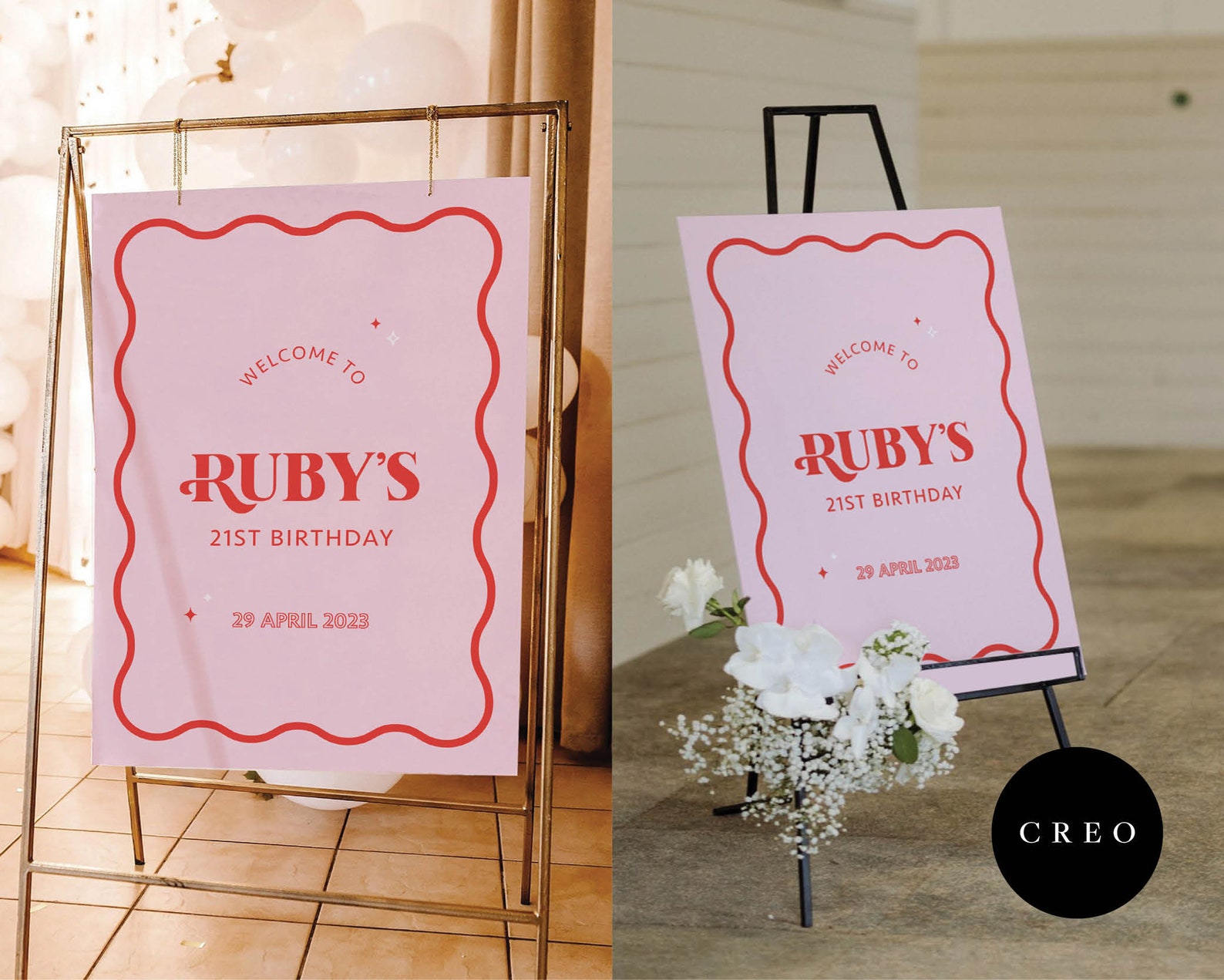 Wavy Welcome Sign, Edit Printable PDF, Pink and Red Theme Party Decor ...