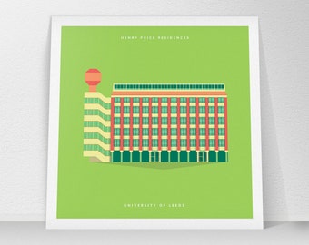 Henry Price Residence, University of Leeds, Graduation illustration, Mini Art Print (148mm Square), Student Graduation Gift, Yorkshire