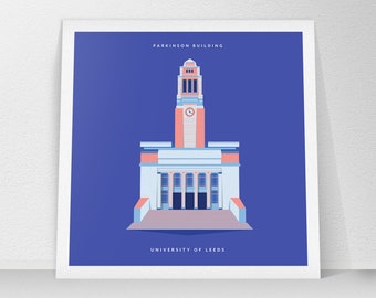 Leeds Parkinson Building, University of Leeds, Graduation illustration, Mini Art Print (148mm Square), Student Graduation Gift, Yorkshire