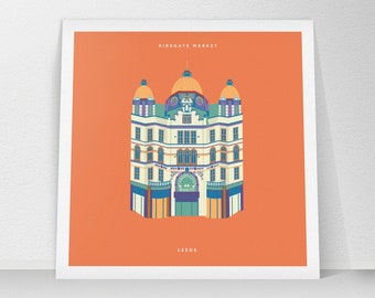 Leeds Kirkgate Market, West Yorkshire, Print, Artwork, Illustration Gift, Square 148mm/210mm