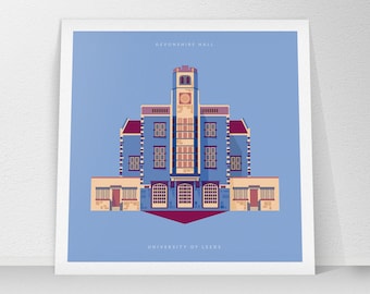 Leeds Devonshire Hall Print, Headingley, University of Leeds, Mini Art Illustration (148mm Square), Student Graduation Gift, Yorkshire