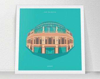 Leeds Majestic, City Square, West Yorkshire, Print, Artwork, Illustration Gift, 148mm x 148mm