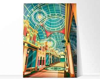 Leeds Victoria Quarter, Cross Arcade, Art Illustration Print, Colourful Artwork Poster, West Yorkshire, Gift