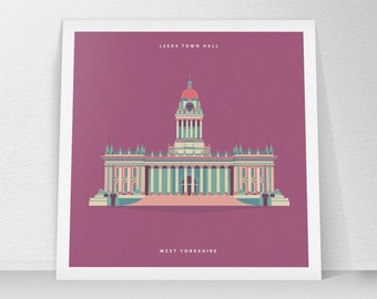 Leeds Town Hall, West Yorkshire, Print, Artwork, Illustration Gift, Square 148mm/210mm