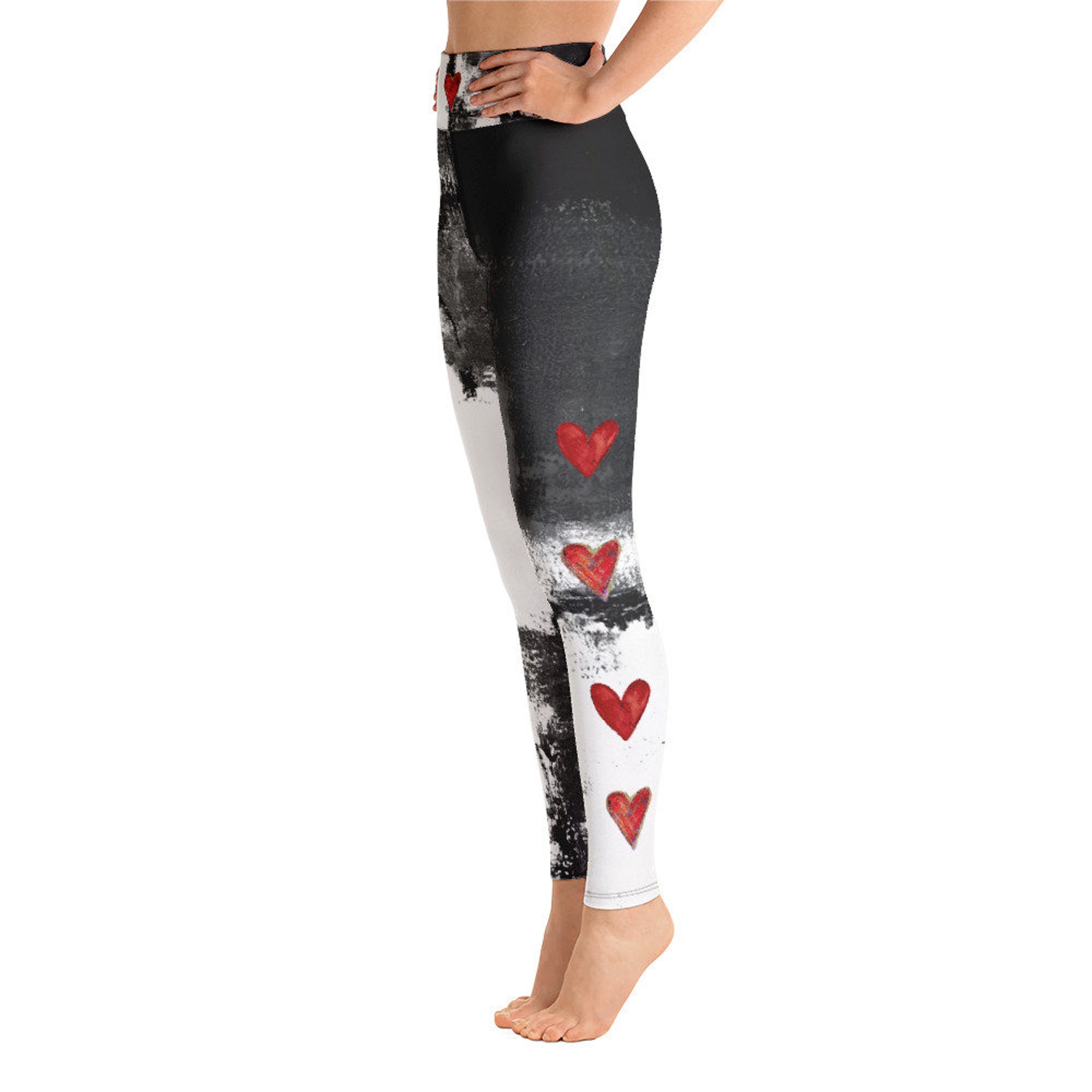 Abstract Woman Black and White with Red Hearts High-Waist Leggings