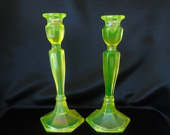 Scarce Fenton 10&quot; No. 349 Vaseline Stretch Glass Pair Candlesticks