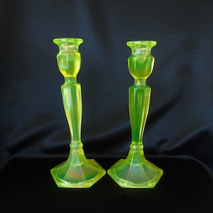 Scarce Fenton 10&quot; No. 349 Vaseline Stretch Glass Pair Candlesticks