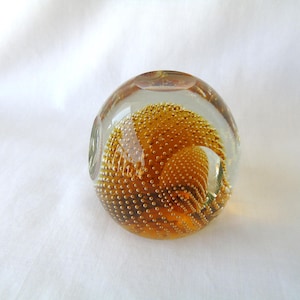 Amber & Crystal Controlled Bubble Art Glass Paperweight
