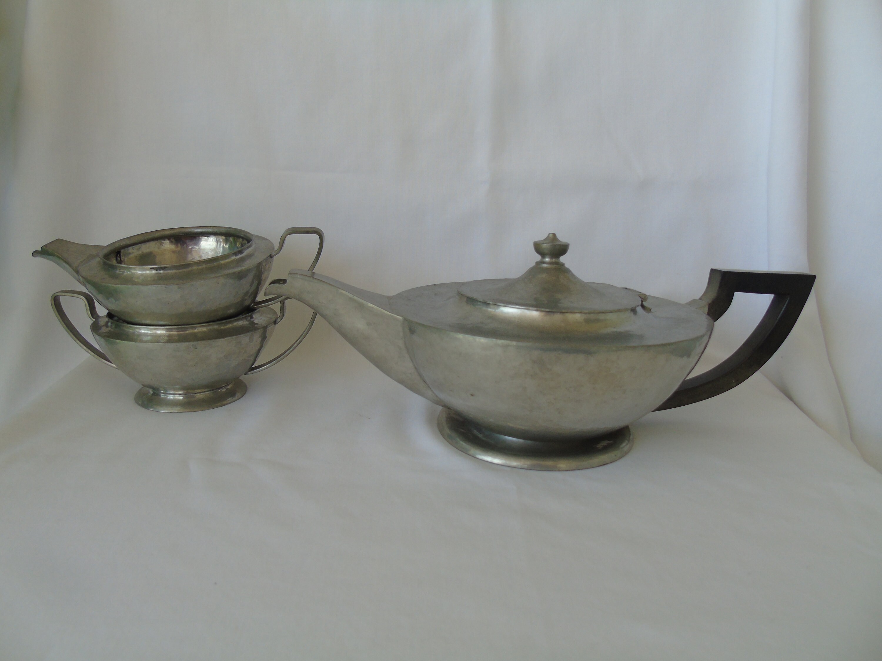 3 Piece Hammered Pewter Tea Set, Black Handle Etsy