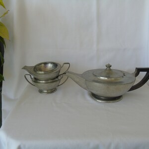 3 Piece Hammered Pewter Tea Set, Black Handle
