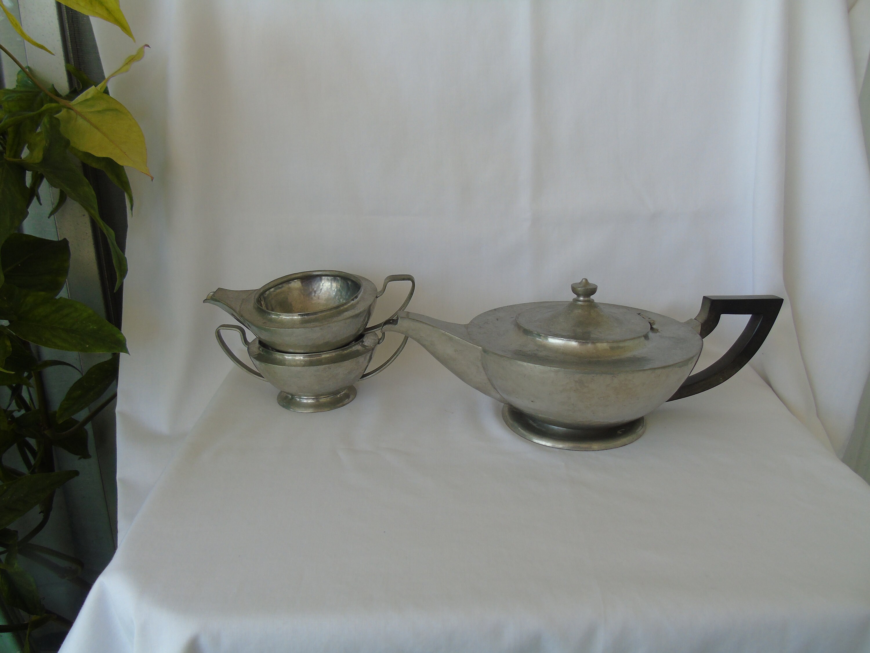 3 Piece Hammered Pewter Tea Set, Black Handle Etsy