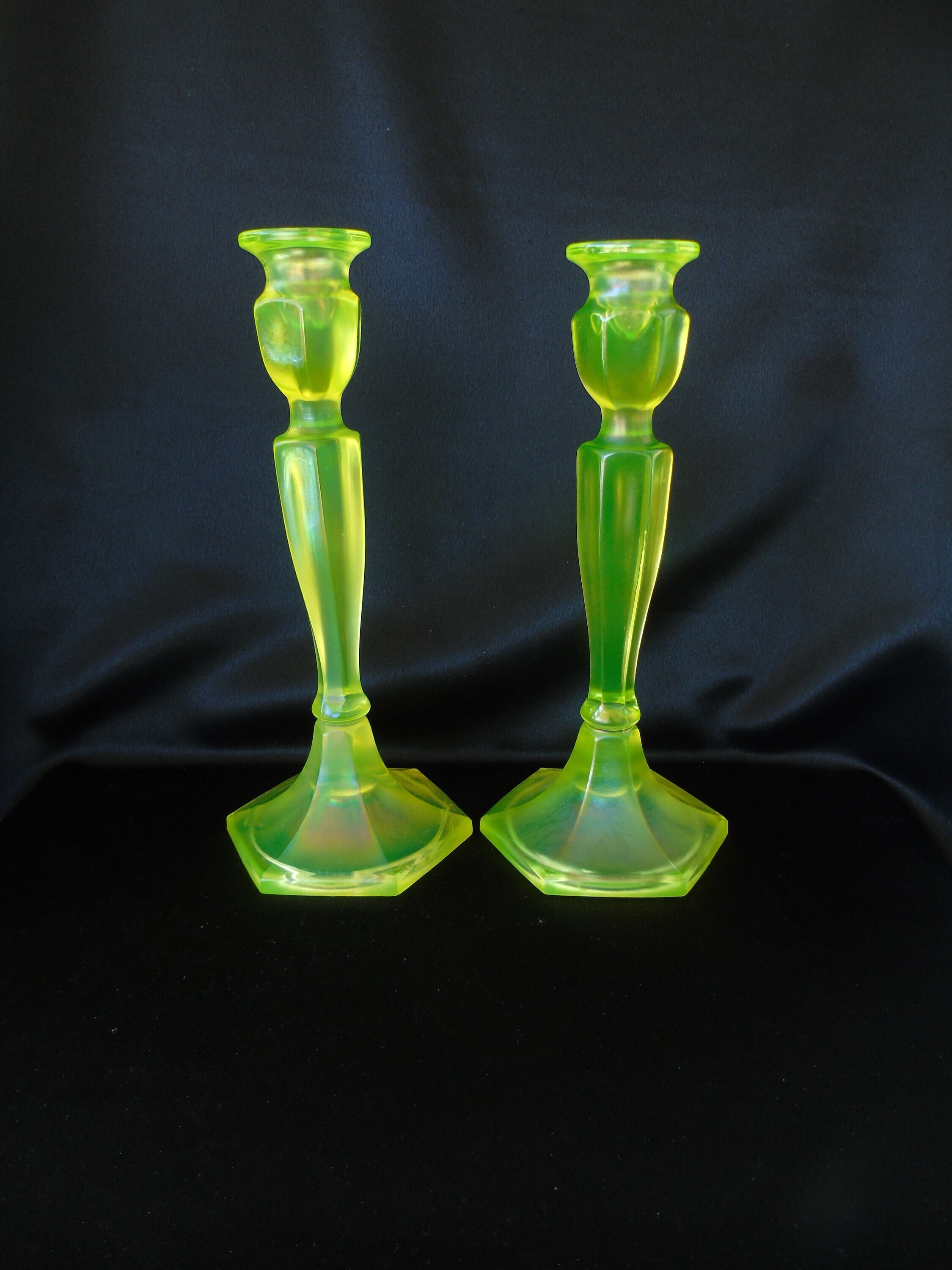 A Pair of Uranium Glass Candlesticks A Pair of Uranium Glass Candlesticks