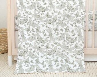 Muted Tone Insect Minky Baby Blanket | Moth | Butterfly | Dragonfly | Garden | Nature | Woodland | Floral Nursery | Moss Green | Minimalist