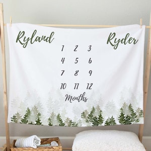 Custom Watercolor Trees Twin Milestone Blanket | Twin Milestone Blanket | Growth Tracker | Monthly Blanket | Pine Tree | Forest | Adventure
