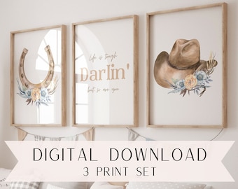 Cowgirl Flower Wall Art Set | Western Nursery Wall Art | Nursery Printable | Downloadable Wall Art | Horseshoe | Cowgirl Hat | Horse | Farm
