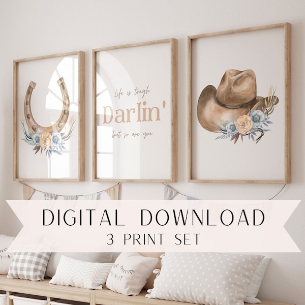 Cowgirl Flower Wall Art Set | Western Nursery Wall Art | Nursery Printable | Downloadable Wall Art | Horseshoe | Cowgirl Hat | Horse | Farm