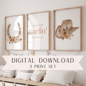 Boho Cowgirl Flower Wall Art Set | Western Nursery Wall Art | Nursery Printable | Downloadable Wall Art | Horseshoe | Cowgirl Hat | Horse