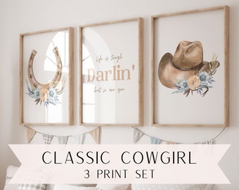 Cowgirl Flower Hat Horseshoe Wall Art Set | Poster Prints | Western Nursery Wall Art | Horse | Country | Farm | Barnyard | Darlin' Saying