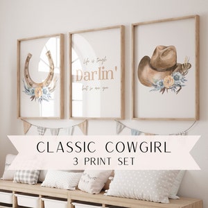 Cowgirl Flower Hat Horseshoe Wall Art Set | Poster Prints | Western Nursery Wall Art | Horse | Country | Farm | Barnyard | Darlin&#39; Saying
