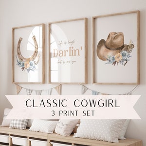 Cowgirl Flower Hat Horseshoe Wall Art Set | Poster Prints | Western Nursery Wall Art | Horse | Country | Farm | Barnyard | Darlin' Saying