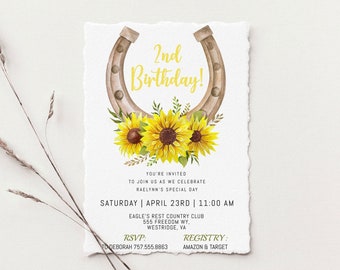Sunflower Horseshoe Birthday Invitation | Editable Western Birthday | Birthday Girl | Cowgirl Invitation | Farm | Horse Birthday | Horseshoe